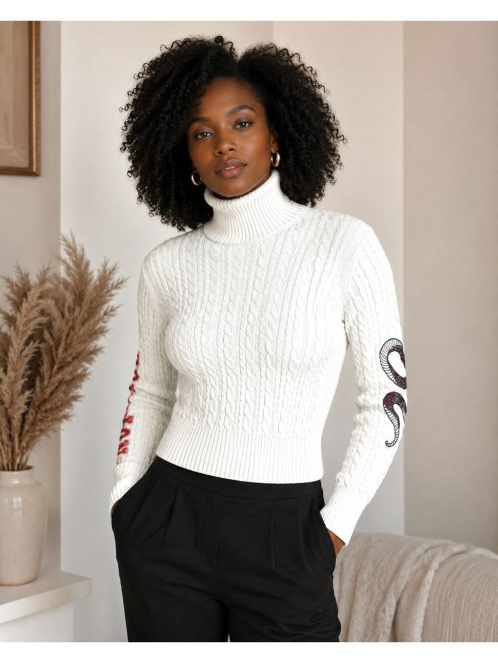 Akira White Cable Knit Turtleneck Snake Embroidered Y2K Sweater L